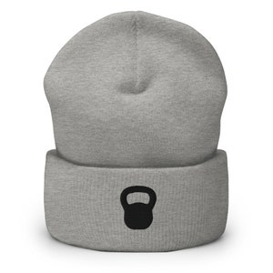 Kettlebell Weightlifting Body Building Fitness Gym Embroidered Beanie, Handmade Cuffed Knit Unisex Slouchy Adult Winter Hat Cap Gift