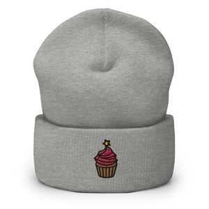 Birthday Cupcake Embroidered Beanie, Handmade Cuffed Knit Unisex Slouchy Adult Winter Hat Cap Gift