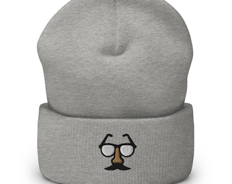 Groucho Glasses Disguise Embroidered Beanie, Handmade Cuffed Knit Unisex Slouchy Adult Winter Hat Cap Gift