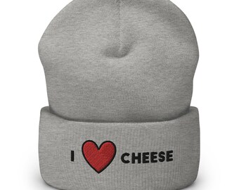 I Heart Cheese Embroidered Beanie, Handmade Cuffed Knit Unisex Slouchy Adult Winter Hat Cap Gift