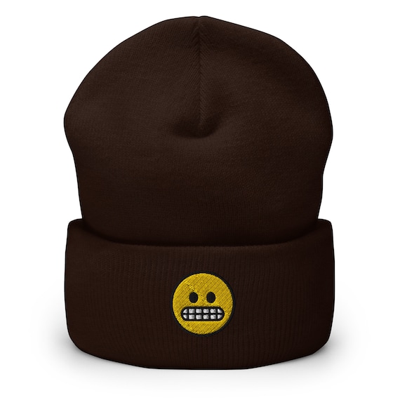 帽子 fuckthisindustry emoji beanie Grimacing Emoji Embroidered Beanie, Handmade Cuffed Knit