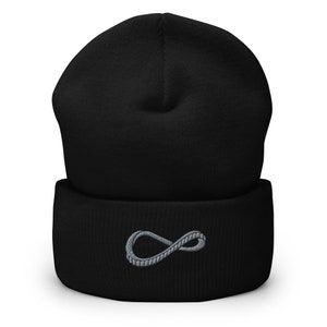 May include: Black beanie with a gray infinity symbol embroidered on the front.