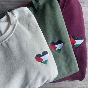 Free Palestine Sweatshirt, Embroidered Flag Heart Sweater, Solidarity with Palestine, Gaza Support Pullover
