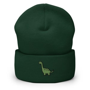 Dinosaur Embroidered Beanie, Handmade Cuffed Knit Unisex Slouchy Adult Winter Hat Cap Gift