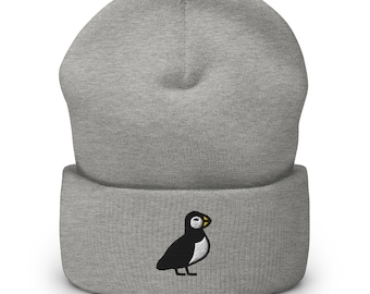 Gorro de invierno unisex con bordado de pájaro frailecillo, hecho a mano, con puños, holgado, para adultos.