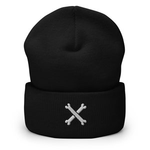 X Crossbones Bone Embroidered Beanie, Handmade Cuffed Knit Unisex Slouchy Adult Winter Hat Cap Gift