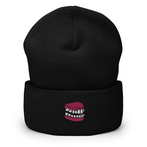 Dentist Teeth Dentures Embroidered Beanie, Handmade Cuffed Knit Unisex Slouchy Adult Winter Hat Cap Gift