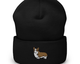 Corgi Embroidered Beanie, Handmade Cuffed Knit Unisex Slouchy Adult Winter Hat Cap Gift