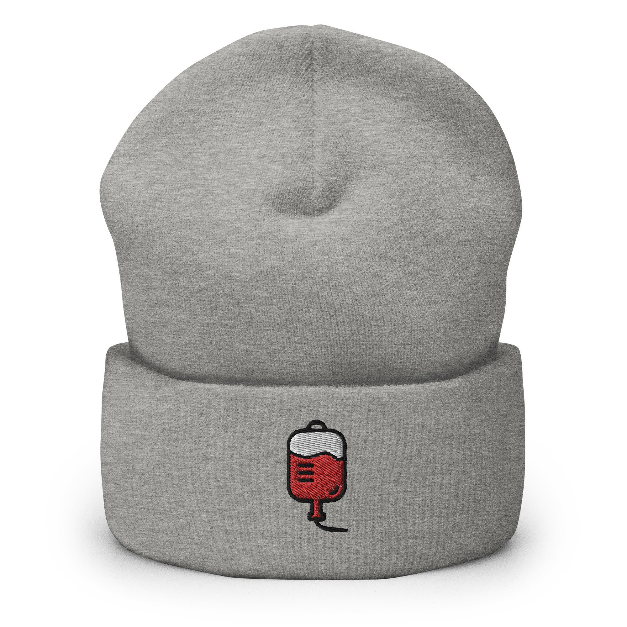 Nurse Doctor Blood Bag Embroidered Beanie, Handmade Cuffed Knit Unisex Slouchy Adult Winter Hat Cap Gift
