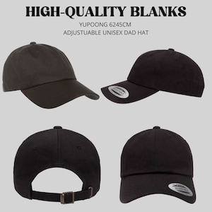 K&ouml;nnte beinhalten: Vier Ansichten einer schwarzen, verstellbaren Unisex-Dad-Kappe. Die Kappe besteht aus weichem Baumwollstoff und hat eine klassische, gebogene Krempe. Die Kappe ist mit "YUPOONG 6245CM" und "ADJUSTUABLE UNISEX DAD HAT" beschriftet.