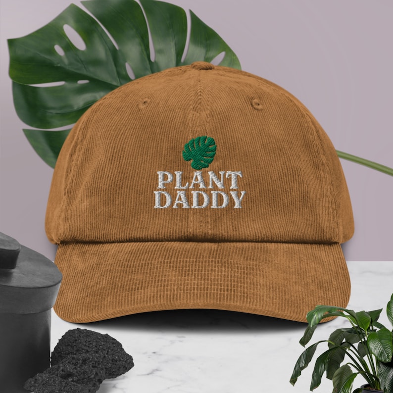 Plant Daddy Corduroy Dad Hat, Plant Lover Gift, Monstera Dad Hat Gift, Plant Daddy Handmade Embroidered Corduroy Dad Hat Multiple Colors Camel