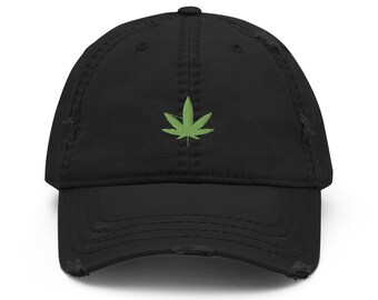 Marijuana Pot Leaf Embroidered Distressed Dad Hat, Frayed Cap Gift