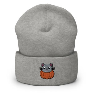 Pumpkin Kitty Cat Embroidered Beanie, Handmade Cuffed Knit Unisex Slouchy Adult Winter Hat Cap Gift