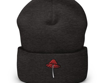 Mushroom Embroidered Beanie, Handmade Cuffed Knit Unisex Slouchy Adult Winter Hat Cap Gift