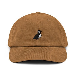 Puffin Corduroy Hat, Handmade Embroidered Corduroy Dad Cap - Multiple Colors