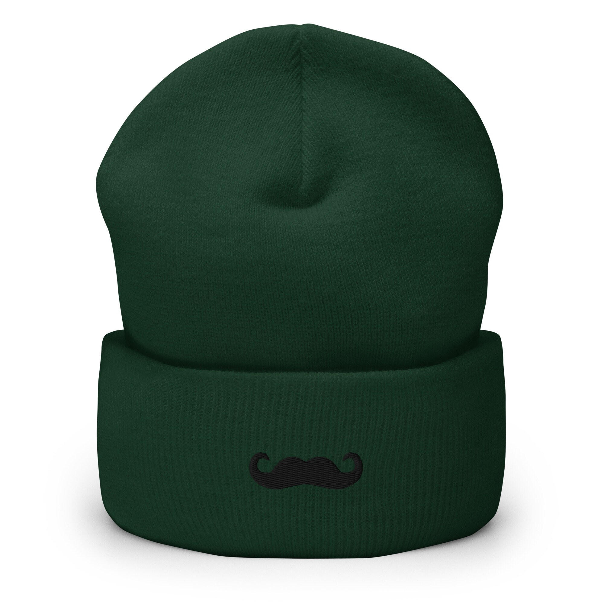 Embroidered Mustache Beanie: Unisex Knit Cuffed Winter Hat 