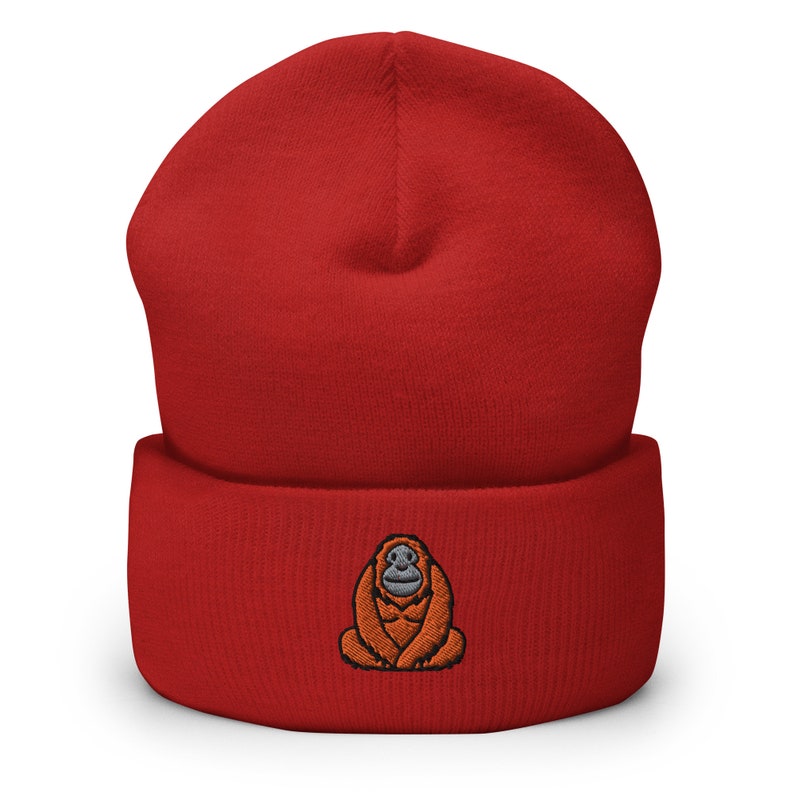 Orangutan Great Ape Great Ape Embroidered Beanie, Handmade Cuffed Knit Unisex Slouchy Adult Winter Hat Cap Gift Red