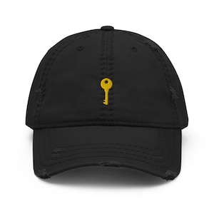 Brass Key Embroidered Distressed Dad Hat, Frayed Cap Gift