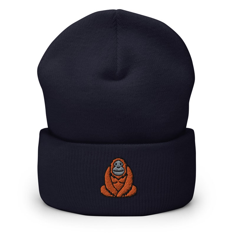 Orangutan Great Ape Great Ape Embroidered Beanie, Handmade Cuffed Knit Unisex Slouchy Adult Winter Hat Cap Gift Navy