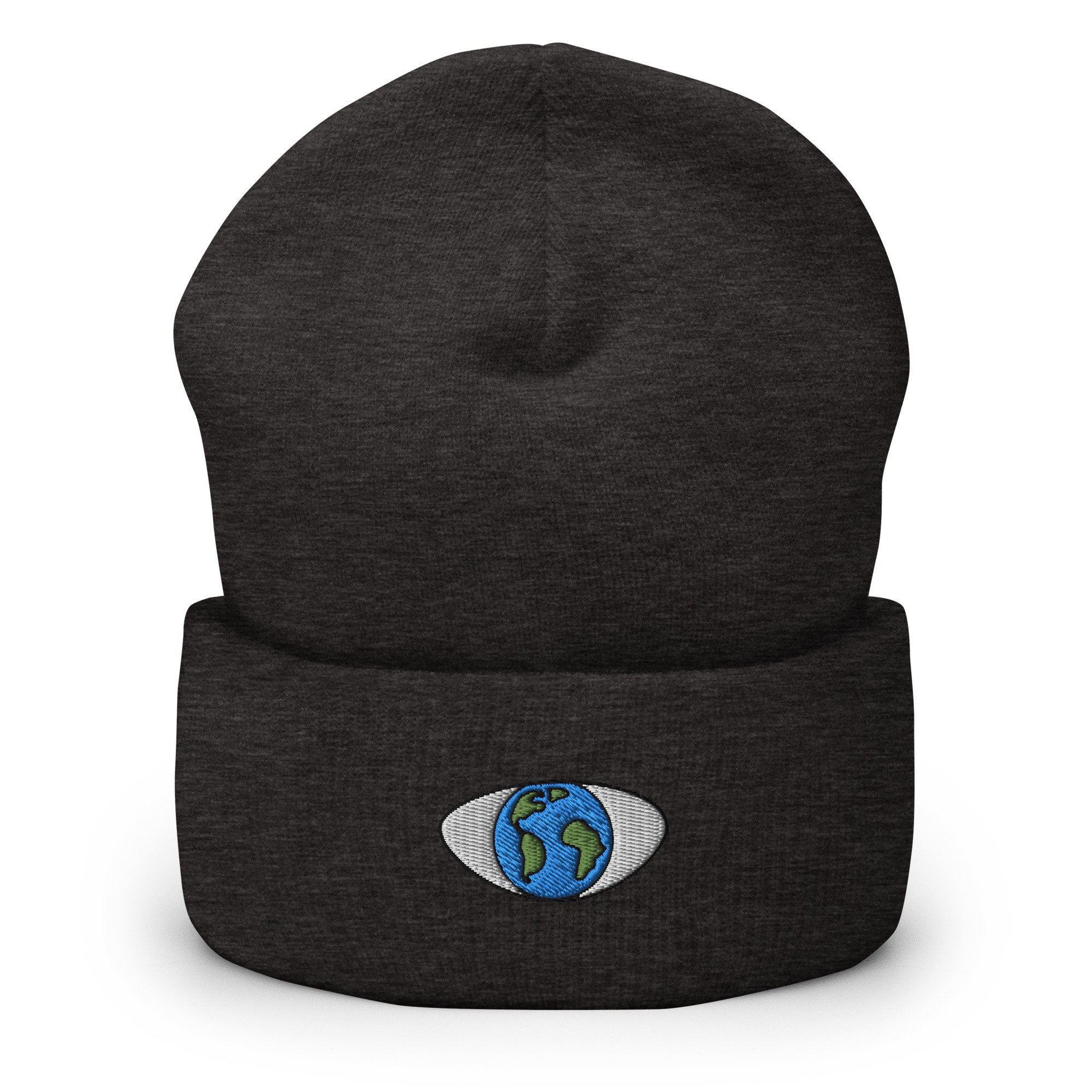 Embroidered Earth Beanie: Handmade Knit Cuffed Winter Hat - Etsy