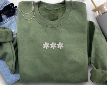 Felpa con margherite ricamate: pullover girocollo floreale da donna
