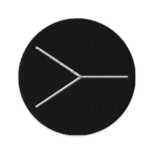 Puede incluir: Un círculo negro con tres líneas blancas que forman una Y en el centro.