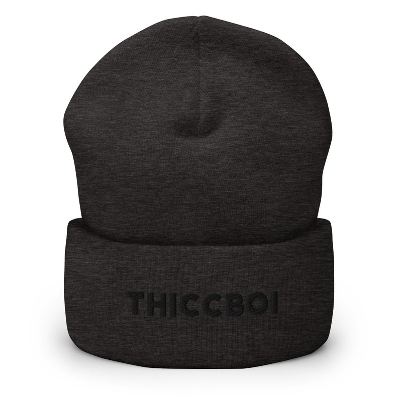 Thicc Boi Embroidered Beanie, Handmade Cuffed Knit Unisex Slouchy Adult Winter Hat Cap Gift Dark Grey