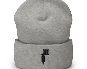 Tattoo Artist, Tattooist Tattoo Machine Embroidered Beanie, Handmade Cuffed Knit Unisex Slouchy Adult Winter Hat Cap Gift