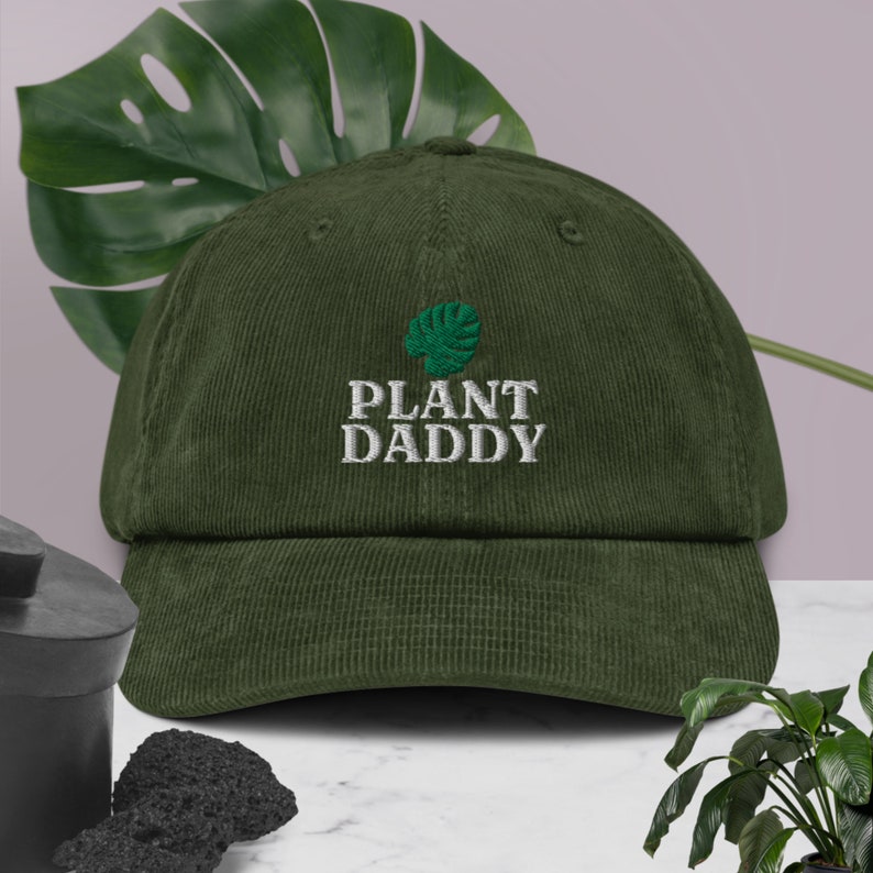 Plant Daddy Corduroy Dad Hat, Plant Lover Gift, Monstera Dad Hat Gift, Plant Daddy Handmade Embroidered Corduroy Dad Hat Multiple Colors Dark Olive