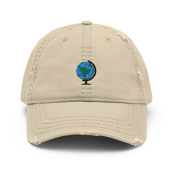 Planet Earth Globe Embroidered Distressed Dad Hat, Frayed  display picture 3