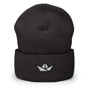 Berretto ricamato con barchetta di carta origami, berretto invernale unisex per adulti, lavorato a maglia con risvolto, fatto a mano, regalo
