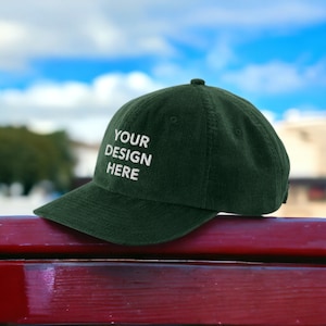 Personalized Embroidered Corduroy Hat, Customized Logo Hat, Embroidery With Your Own Text or Design, Handmade Custom Corduroy Headwear Dark Olive