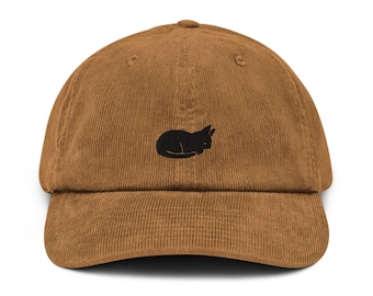 Schlafende Katzen-Cordmütze, handgefertigte bestickte Cord-Dad-Kappe - mehrere Farben