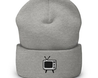 Vintage Retro T.V. Television Embroidered Beanie, Handmade Cuffed Knit Unisex Slouchy Adult Winter Hat Cap Gift