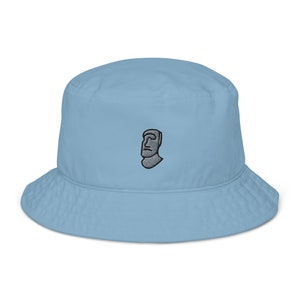 Easter Island Organic Bucket Hat, Mai Face Embroidery, Embroidered Rock Face Emoji