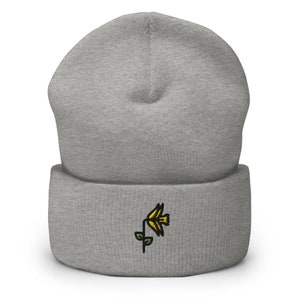 Daffodil Embroidered Beanie, Handmade Cuffed Knit Unisex Slouchy Adult Winter Hat Cap Gift