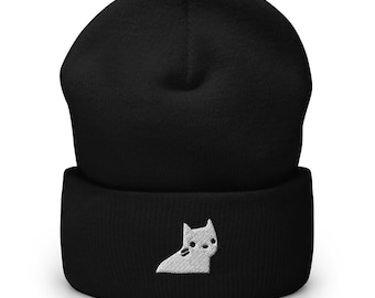 Handgemaakte geborduurde Ghost Cat-beanie: uniseks gebreide wintermuts