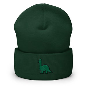 Cute Green Dinosaur Embroidered Beanie, Handmade Cuffed Knit Unisex Slouchy Adult Winter Hat Cap Gift