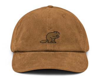 Beaver Corduroy Hat, Handmade Embroidered Corduroy Dad Cap - Multiple Colors