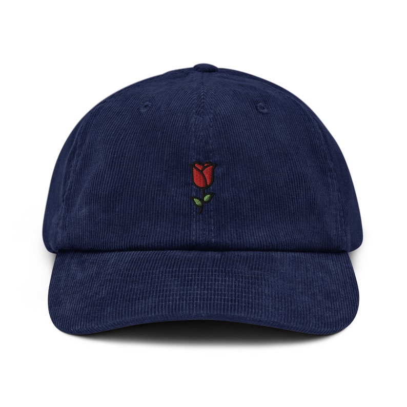 Rose Corduroy Hat, Handmade Embroidered Corduroy Dad Cap Multiple Colors Oxford Navy