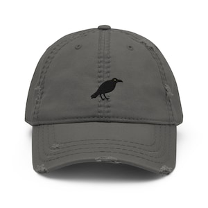 Crow Embroidered Distressed Dad Hat, Frayed Cap Gift