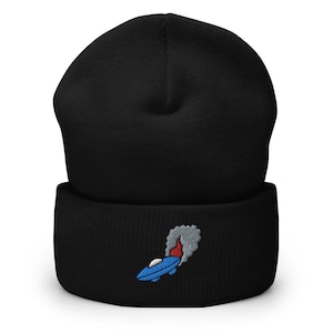 Flying Saucer Embroidered Beanie, Handmade Cuffed Knit Unisex Slouchy Adult Winter Hat Cap Gift