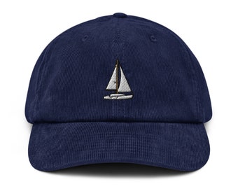 Sail Boat Corduroy Hat, Handmade Embroidered Corduroy Dad Cap - Multiple Colors