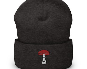 Mushroom Embroidered Beanie, Handmade Cuffed Knit Unisex Slouchy Adult Winter Hat Cap Gift