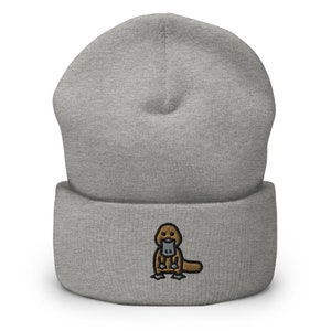 Duck-Billed Platypus Embroidered Beanie, Handmade Cuffed Knit Unisex Slouchy Adult Winter Hat Cap Gift