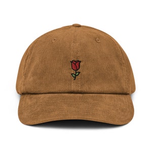 Rose Corduroy Hat, Handmade Embroidered Corduroy Dad Cap Multiple Colors Camel