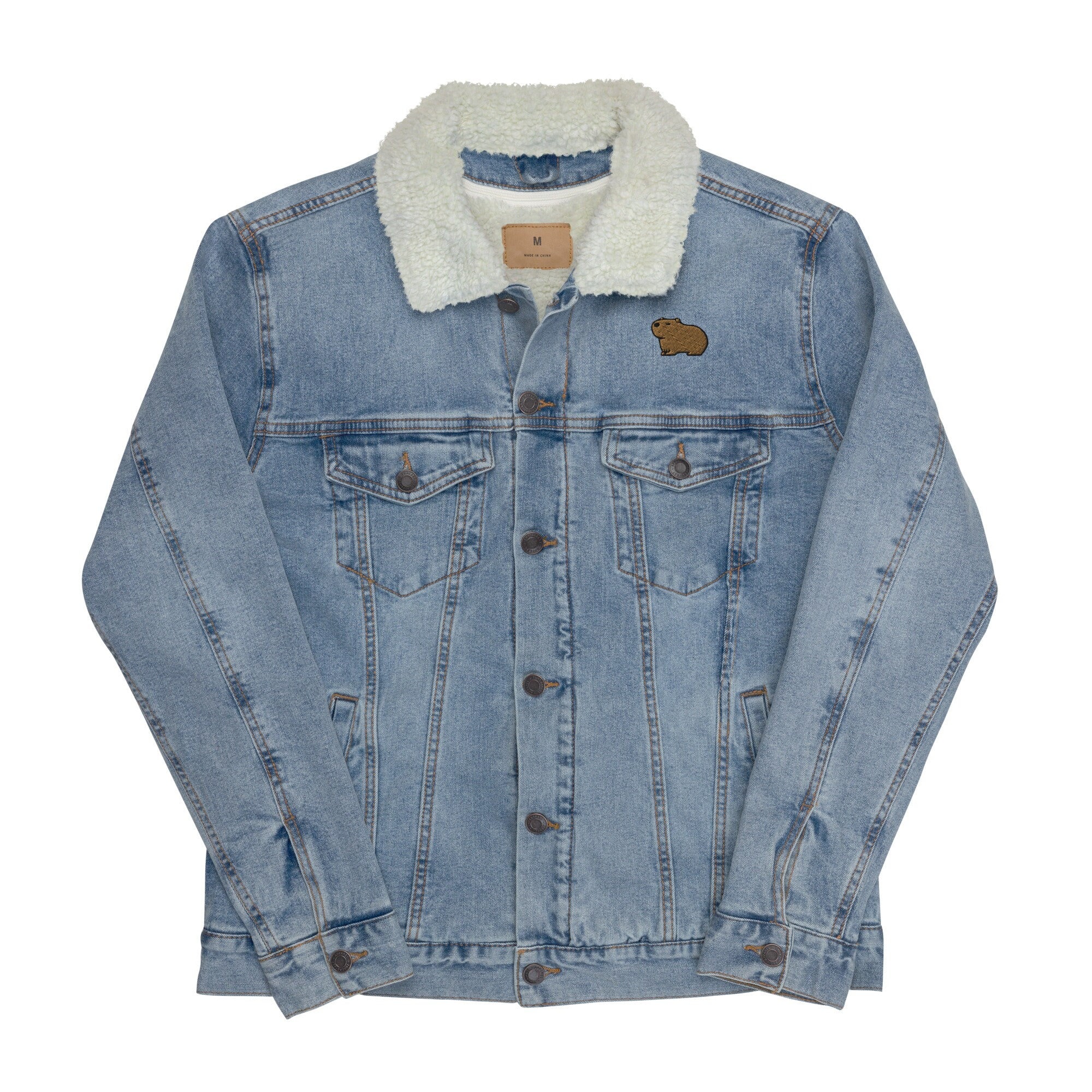 Capybara Unisex Denim Sherpa Jacket, Handmade Premium Capybara Gift, Capybara Lover Denim Sherpa Jacket