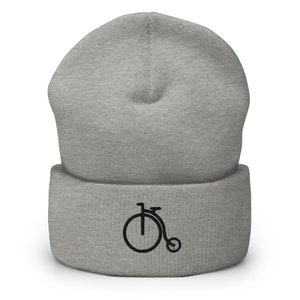 Penny-Farthing High Wheel Vintage Bicycle Embroidered Beanie, Handmade Cuffed Knit Unisex Slouchy Adult Winter Hat Cap Gift