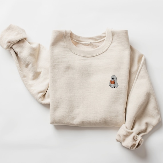 Embroidered Ghost Reading Book Sweatshirt - Spooky Season Crewneck