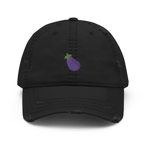 Eggplant Emoji Embroidered Distressed Dad Hat, Frayed Cap Gift